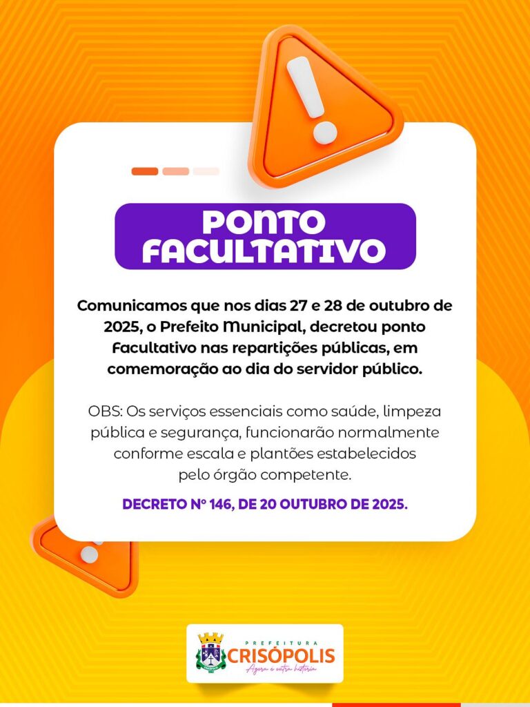 ATENÇÃO, 27 E 28 DE OUTUBRO SERÁ PONTO FACULTATIVO!
