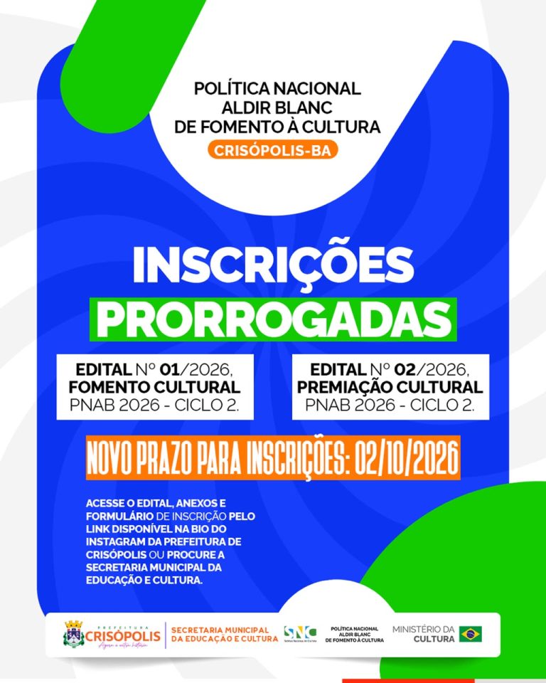 INSCRIÇÕES PRORROGADAS, EDITAL 1 E 2 – PNAB 2026 CICLO 2.